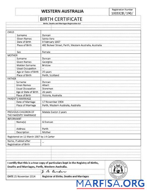Downloadable Australia Western Australia birth certificate template in Word format, version 1